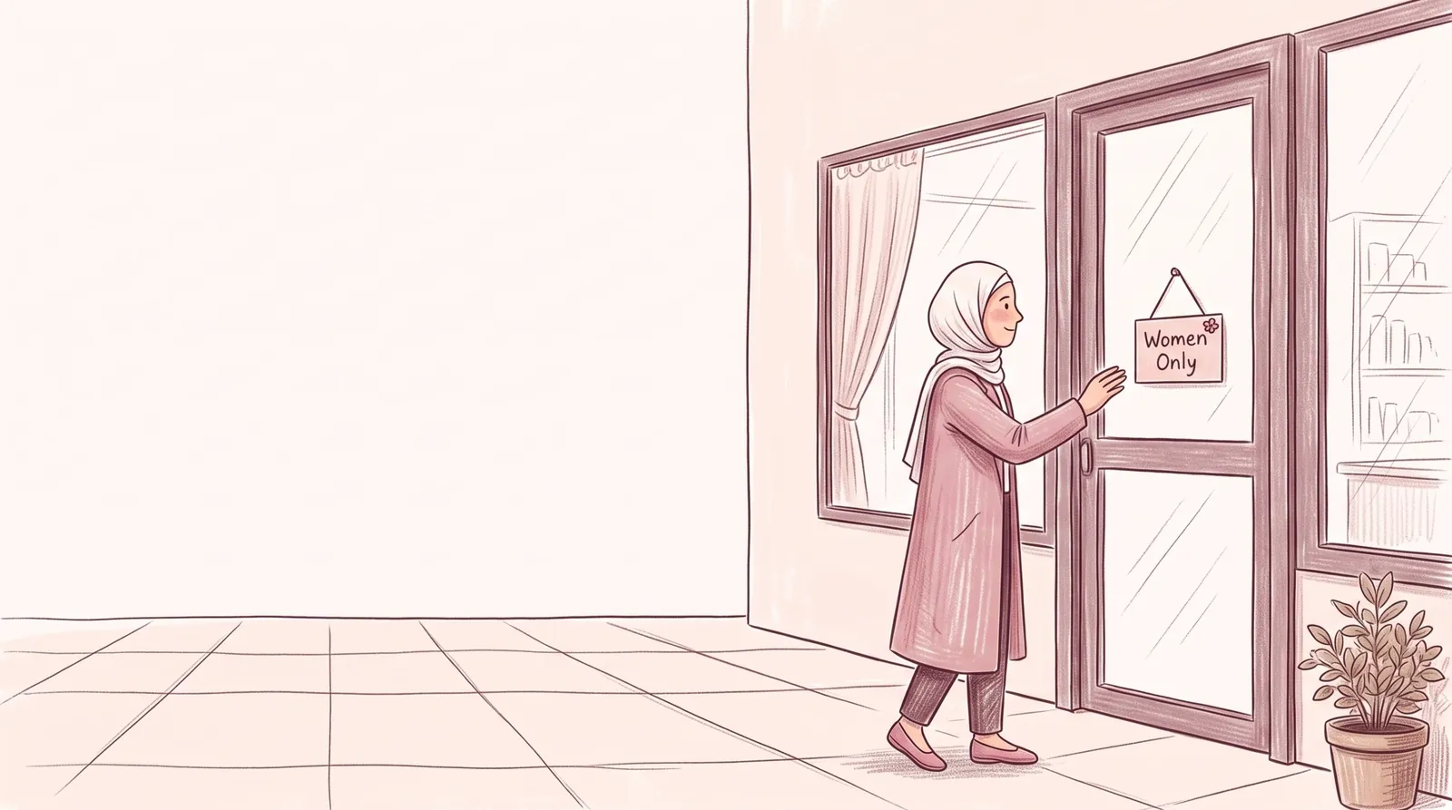 Drawing: a woman in a hijab arriving at the salon door, reaching for the Women Only sign