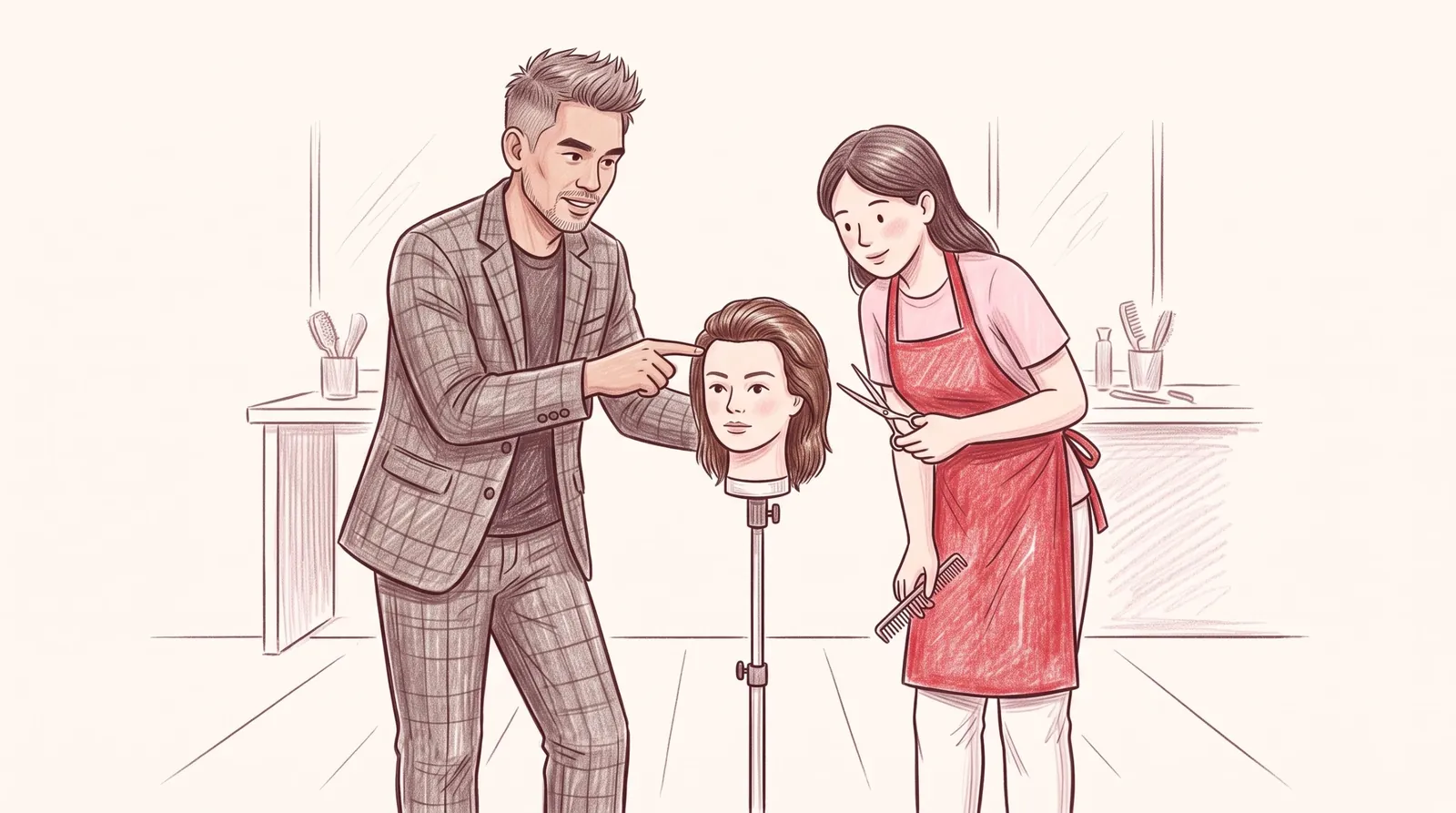 Drawing: Bambang Soteto showing a stylist a cut on a training head