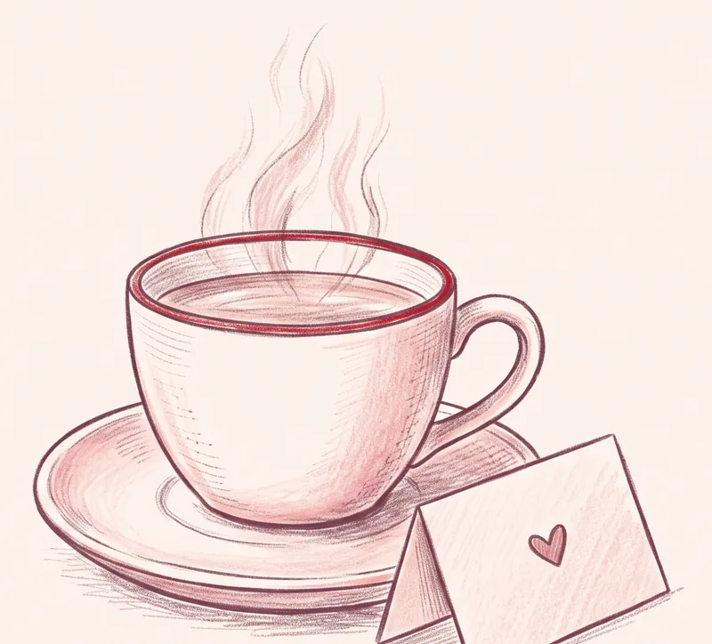 Drawing: a cup of tea on a saucer with a folded thank-you note
